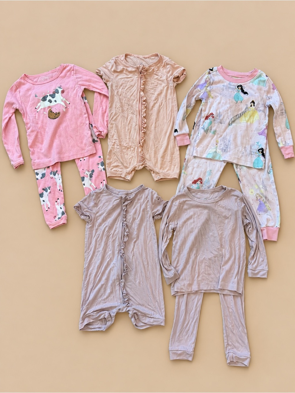 Girls Pajamas 5 set Lot size 2T: Pottery Barn Disney Princess, Bamboo, Carter’s